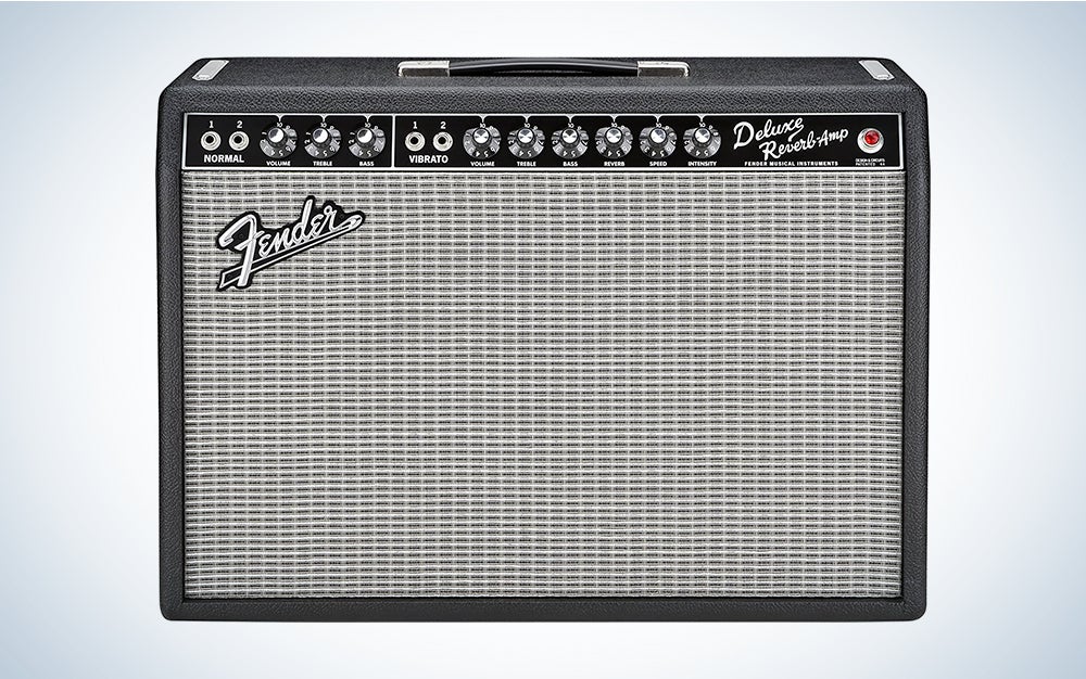 A Fender ’65 Deluxe Reverb guitar amp on a blue and white background
