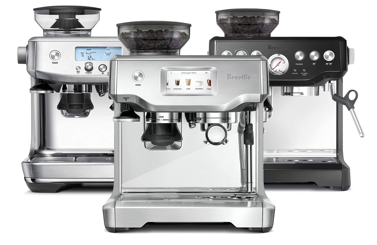 Breville espresso machines on a white background. they're on-sale at Amazon.