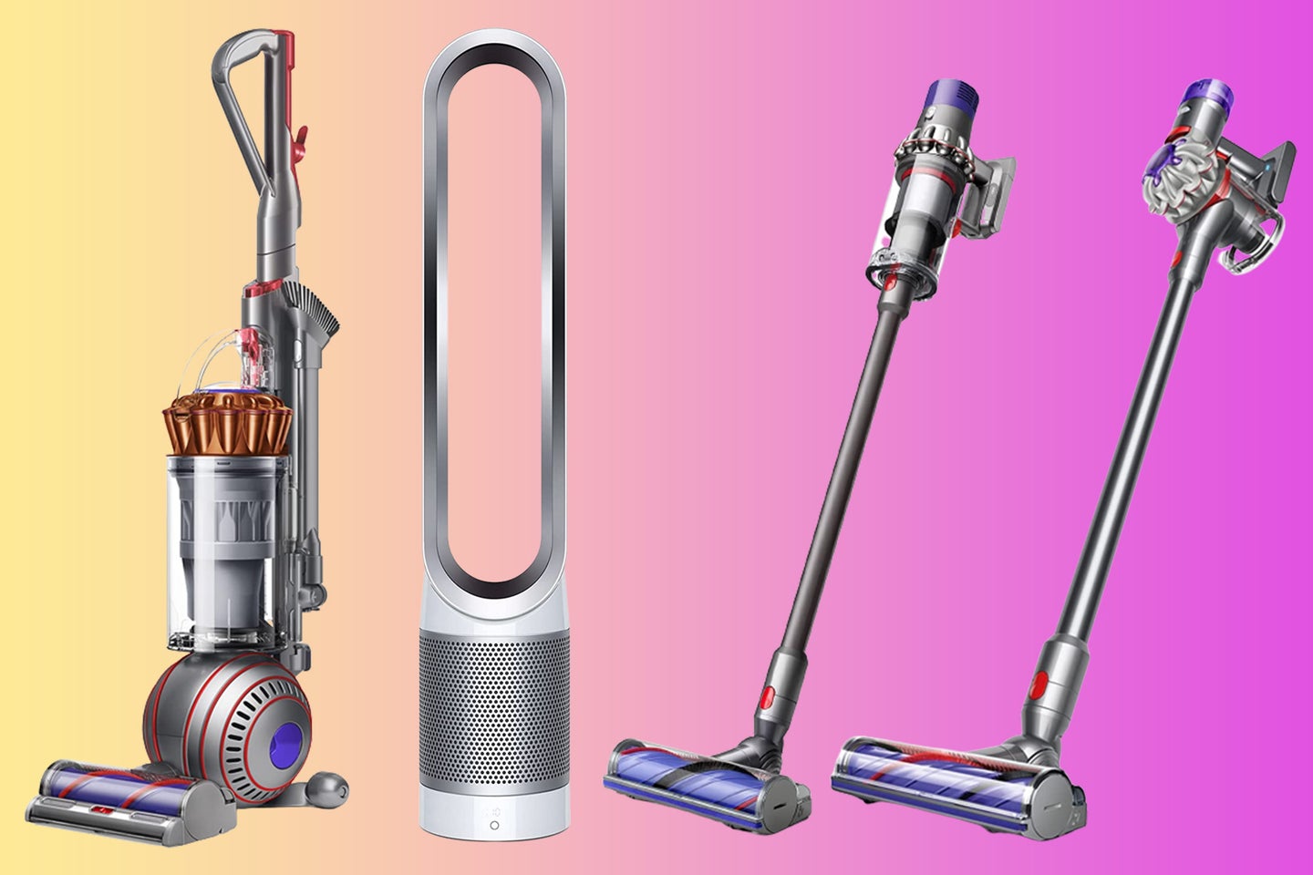 A lineup of Dyson products on a yellow and pink background