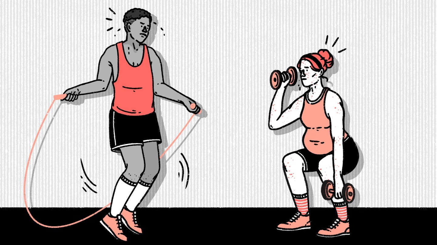 Person with dark skin and short hair jumps rope while pregnant person with light skin and hair in a bun squats and lifts dumbells. Illustrated in orange, black, and gray.