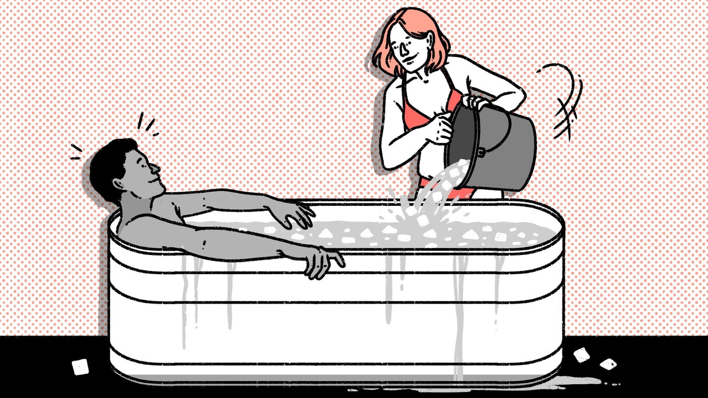 White-skinned person pouring ice cubes into bath with a dark-skinned person recovering after a workout. Illustrated in orange, white, and black.