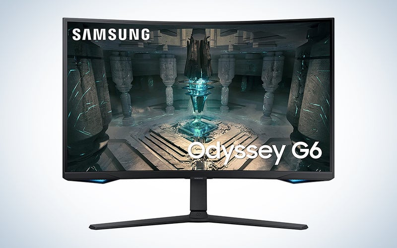 A Samsung Odyssey G^ monitor on a blue and white background